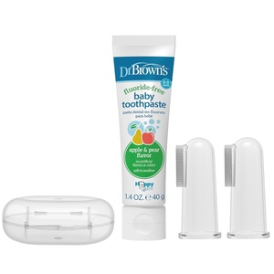 image:imageDr Browns 100 Silicone Baby Finger Toothbrush and Toothpaste Set 2Pack Toothbrush with Storage Case FluorideFree Apple Pear Toddler Toothpaste