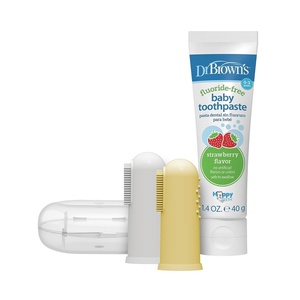 image:imageDr Browns 100 Silicone Baby Finger Toothbrush and Toothpaste Set 2Pack Toothbrush with Storage Case FluorideFree Strawberry Toddler Toothpaste Gray amp Yellow
