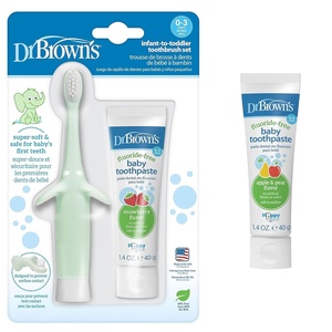 image:imageDr Browns InfanttoToddler Elephant Toothbrush and FluorideFree Strawberry Baby Toothpaste Set with Apple Pear Toothpaste 03 Years