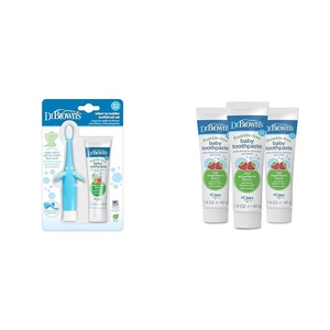 image:imageDr Browns InfanttoToddler Training Toothbrush Set Blue Elephant amp FluorideFree Baby Toothpaste Infant amp Toddler Oral Care Strawberry 3Pack