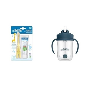 image:imageDr Browns InfanttoToddler Training Toothbrush Set FluorideFree Baby Toothpaste Strawberry amp Milestones Babys First Straw Cup Cup Weighted Straw Dark Blue 6m