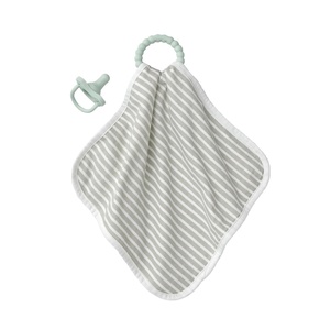 image:imageDr Browns Lovey Blanket with Teether Ring and HappyPaci 100 Silicone OnePiece Pacifier Soothing Security Blanket Set for Baby Gray Stripes 0m