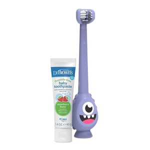 image:imageDr Browns ToothScrubber Toddler Toothbrush TripleSided Training Toothbrush with Suction Cup Base Green Monster Baby Oral Care Ages 14 Years2 Pack  Toddler Toothscrubber Set With Strawberry Toothpaste