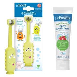 image:imageDr Browns ToothScrubber Toddler Toothbrush amp FluorideFree Baby Toothpaste Bundle TripleSided Training Toothbrush Strawberry Flavor Ages 14 Years