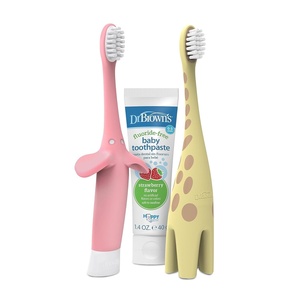 image:imageVariety Pack Dr Browns Infant to Toddler Giraffe and Pink Elephant Toothbrushes with Baby Toothpaste Strawberry 14oz