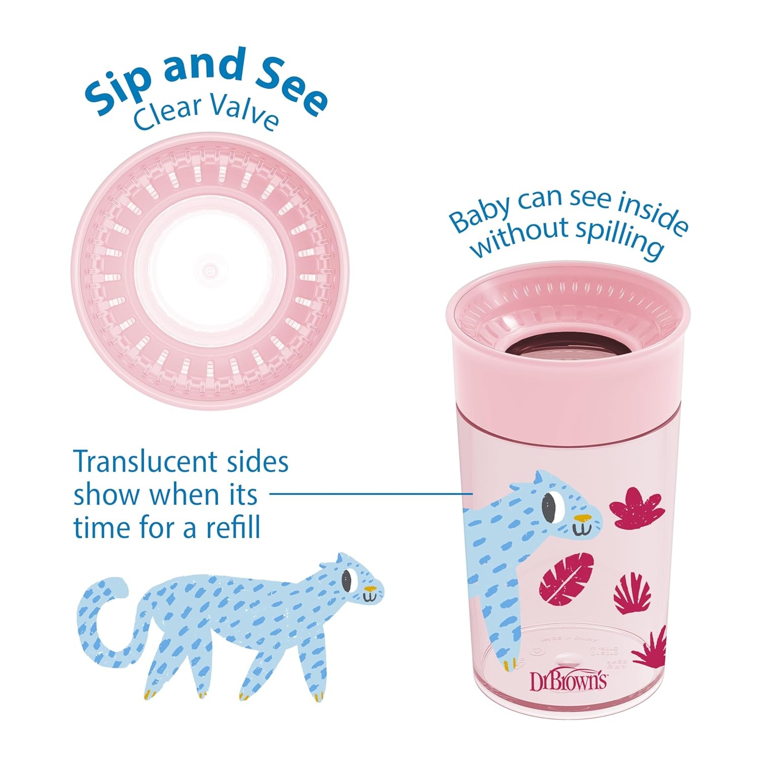 image:imageDr Browns Milestones Cheers 360 Cup Spoutless Transition Travel Friendly amp LeakFree Sippy Cup Pink Leopard Red Lemur 10 oz300 mL 2 count Pack of 610 Ounces Pack of 6