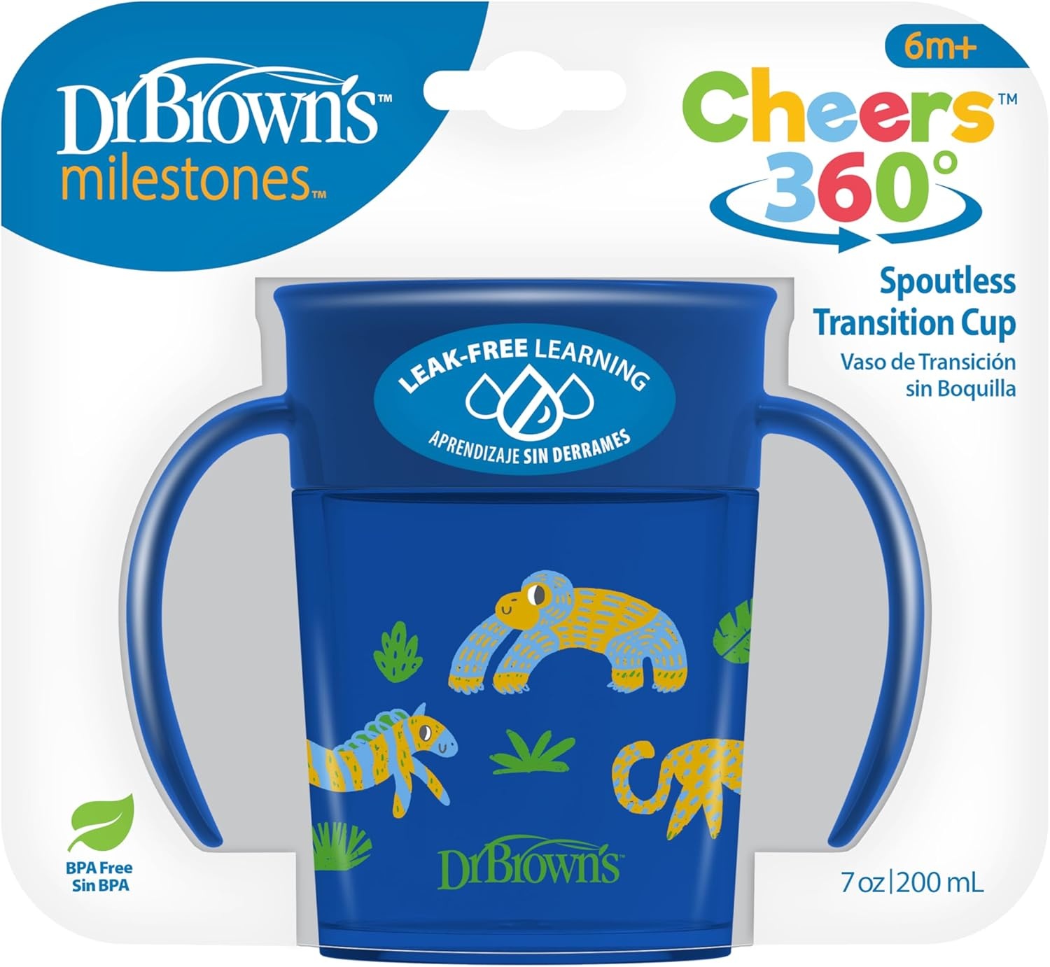 image:imageDr Browns Milestones Cheers 360 Spoutless Transition Cup Travel Friendly and LeakFree Sippy BlueGreen Animals 10 oz300 mL BPAFree 9m 2PackBlue Animals 7 oz
