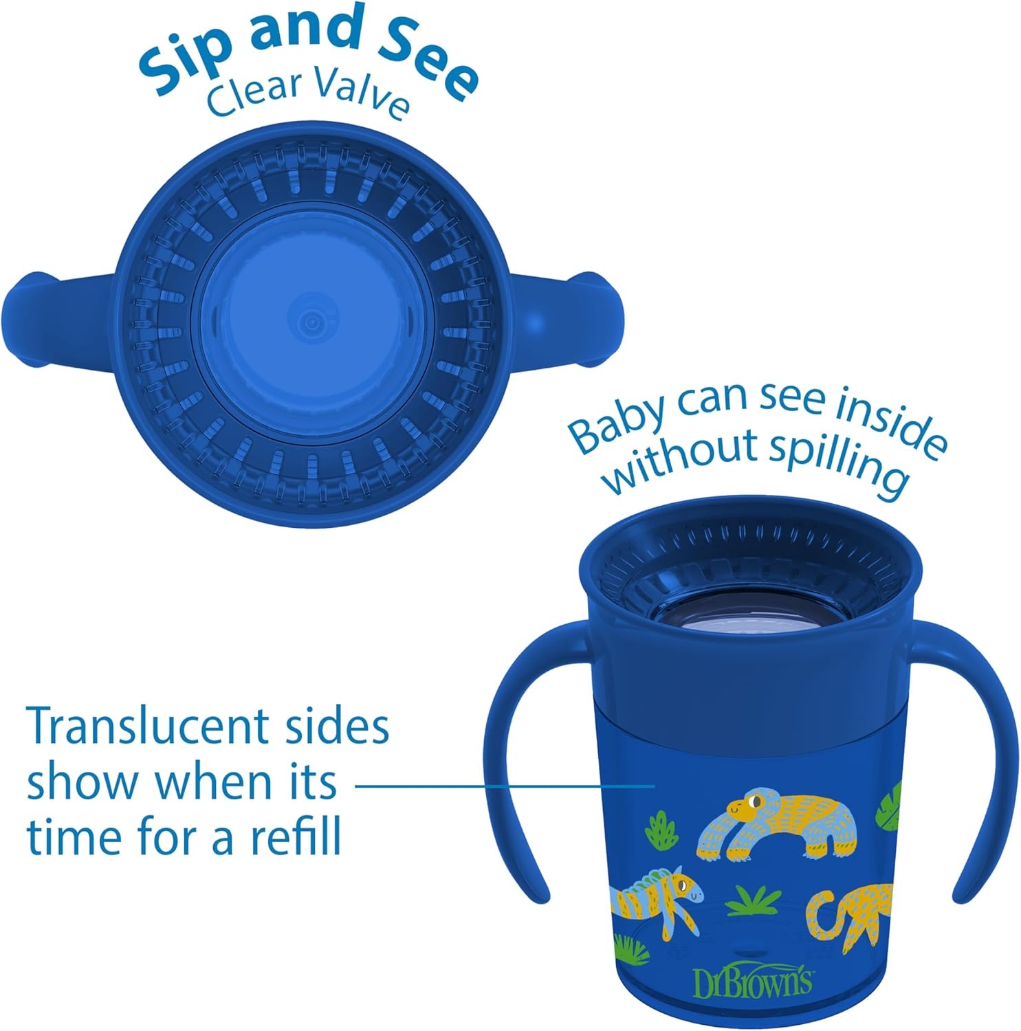 image:imageDr Browns Milestones Cheers 360 Spoutless Transition Cup Travel Friendly and LeakFree Sippy BlueGreen Animals 10 oz300 mL BPAFree 9m 2PackBlue Animals 7 oz