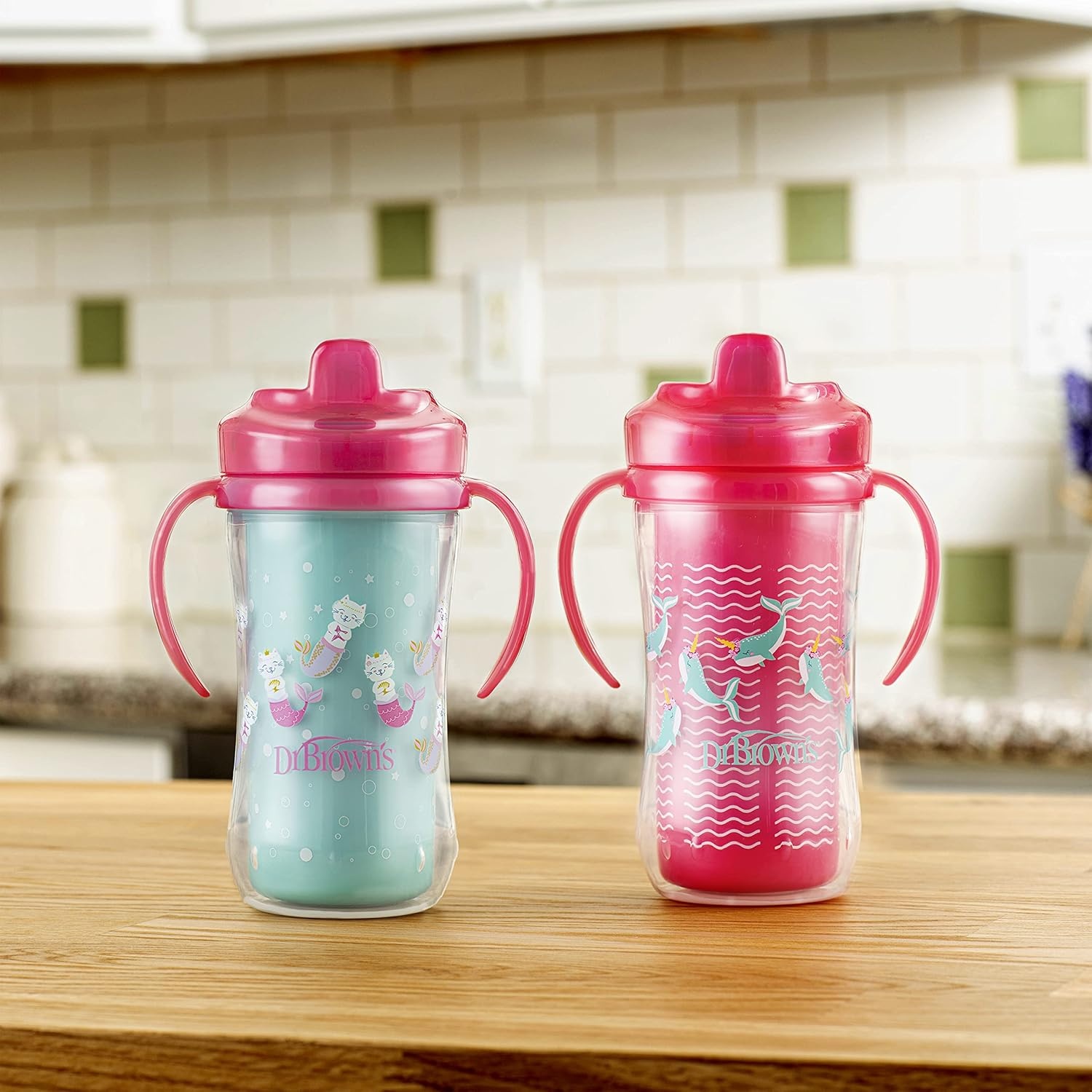 image:imageDr Browns Milestones Insulated Hard Spout Sippy Spill Proof Cup with Handles for Toddlers 2Pack Pink 10 oz300 mL BPA Free 12m4Pack Mermaid Kittens Narhual Luau