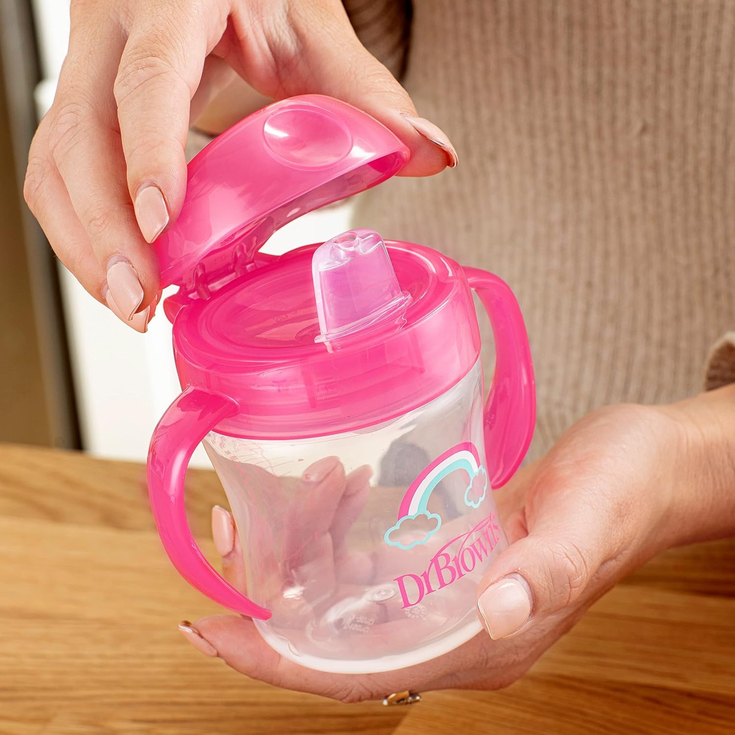 image:imageDr Browns Milestones Soft Spout Sippy Cup with Handles BPAFree Blue StarPink Rainbow