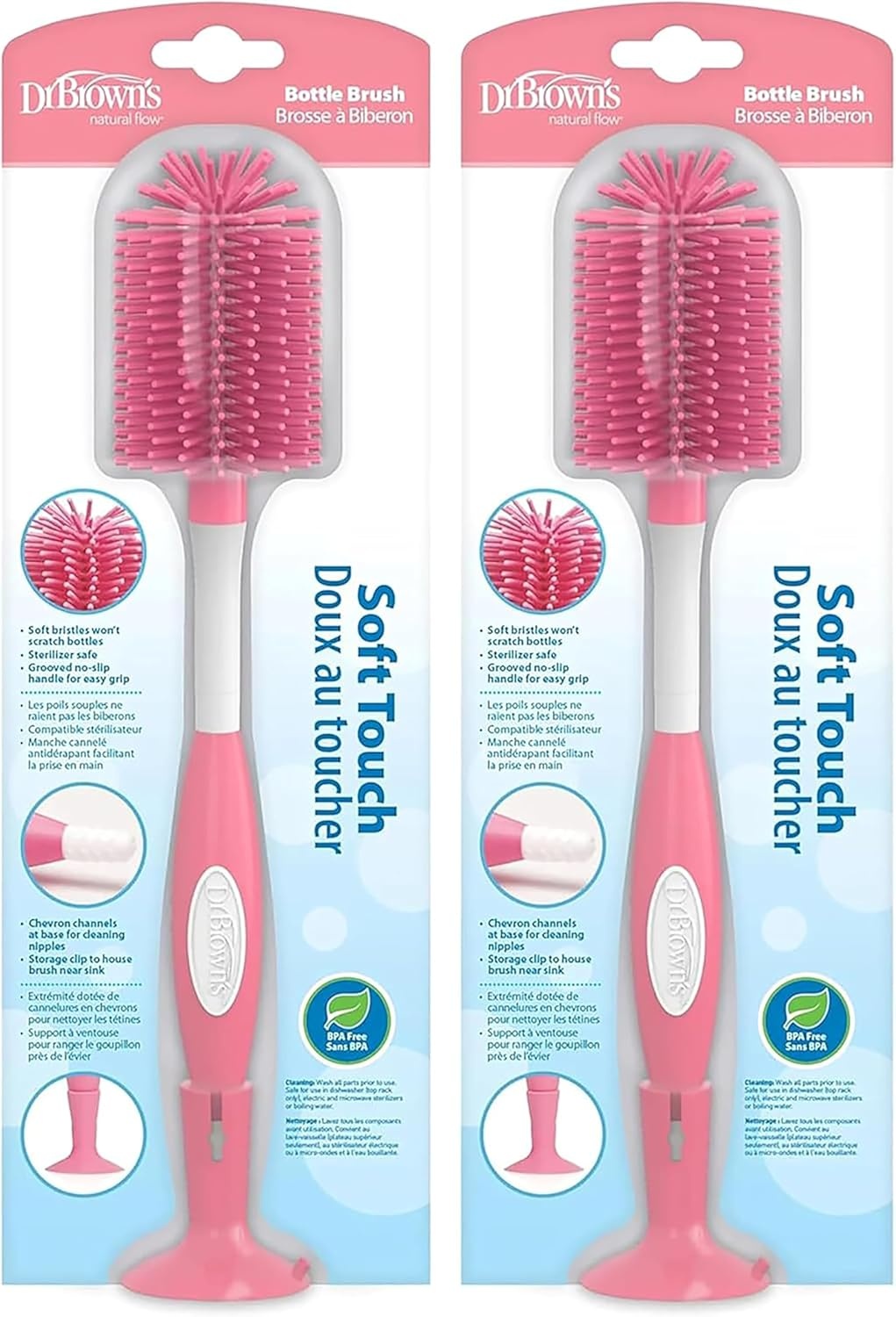 image:imageDr Browns Soft Touch No Scratch Baby Bottle Cleaning Brush Nipple Cleaner and Suction Cup Base for Easy Storage BPA Free Blue 2 PackPink