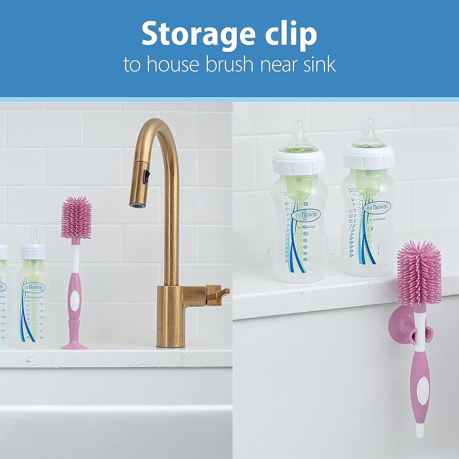 image:imageDr Browns Soft Touch No Scratch Baby Bottle Cleaning Brush Nipple Cleaner and Suction Cup Base for Easy Storage BPA Free Blue 2 PackPink