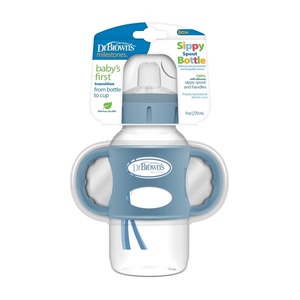 image:imageDr Browns Milestones WideNeck Sippy Spout Bottle with Silicone Handles 9 oz270 mL Ecru 1PackLightBlue