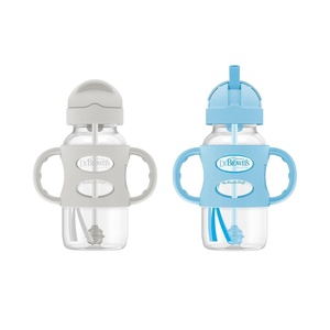 image:imageDr Browns Milestones WideNeck Sippy Straw Bottle with 100 Silicone Handles and Weighted Straw 9 oz270 mL Gray amp Blue 6mGray  Blue
