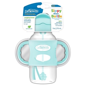 image:imageDr Browns Milestones WideNeck Sippy Straw Bottle with 100 Silicone Handles and Weighted Straw 9 oz270 mL Gray amp Blue 6mGreen