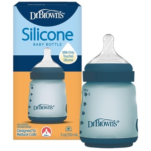 image:imageDr Browns Silicone Baby Bottle with Collapsible Insert Designed to Reduce Colic 5 oz with WideNeck Level 1 Slow Flow Nipple BPAFree 0m Blue 4PackBlue
