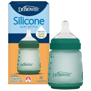 image:imageDr Browns Silicone Baby Bottle with Collapsible Insert Designed to Reduce Colic 5 oz with WideNeck Level 1 Slow Flow Nipple BPAFree 0m Blue 4PackGreen