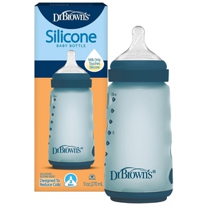 image:imageDr Browns Silicone Baby Bottle with Collapsible Insert Designed to Reduce Colic 9 oz with WideNeck Level 2 Medium Flow Nipple BPAFree 3m Blue 4PackBlue