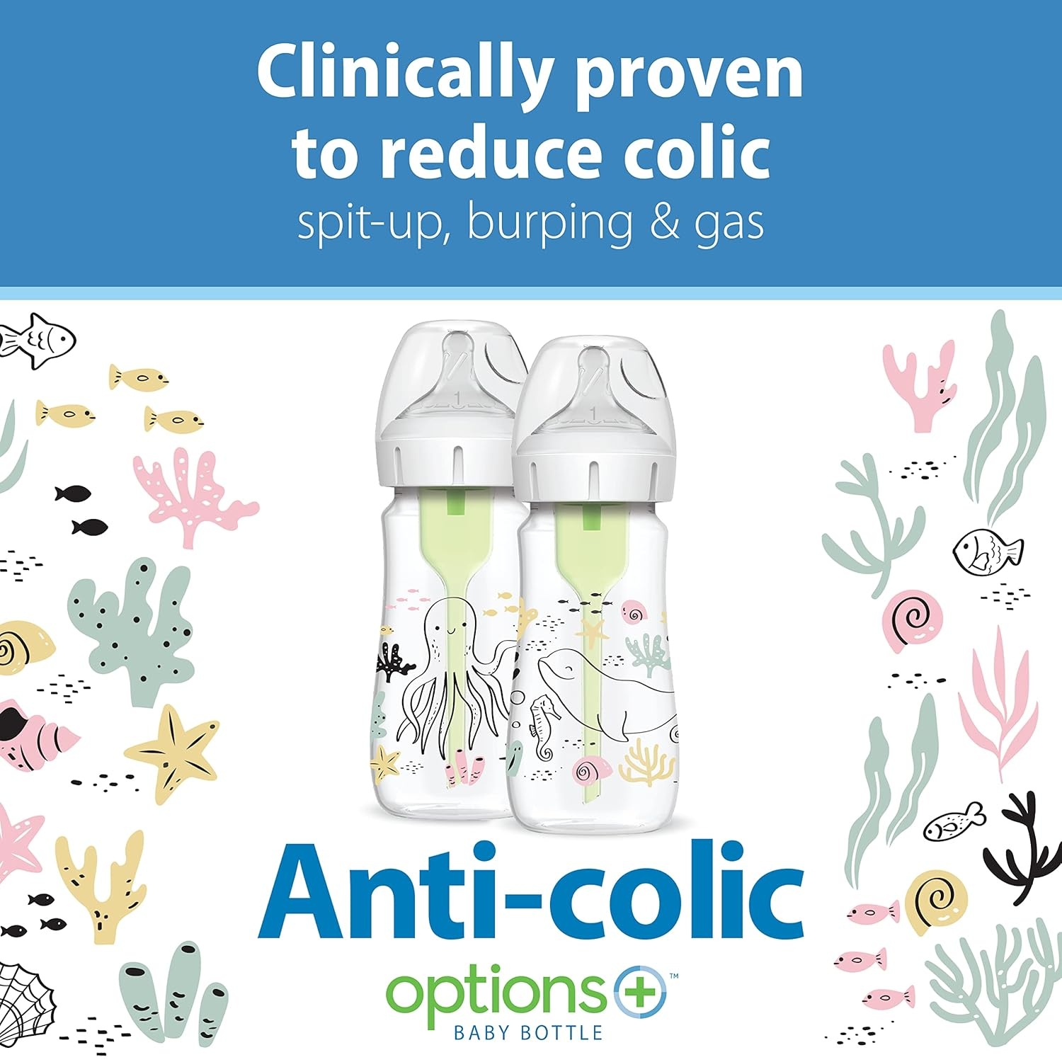 image:imageDr Browns AntiColic Options WideNeck 9 oz and Narrow 8 oz Baby Bottles 2Packs Level 1 Nipples Ocean Decos and BearOwl Prints