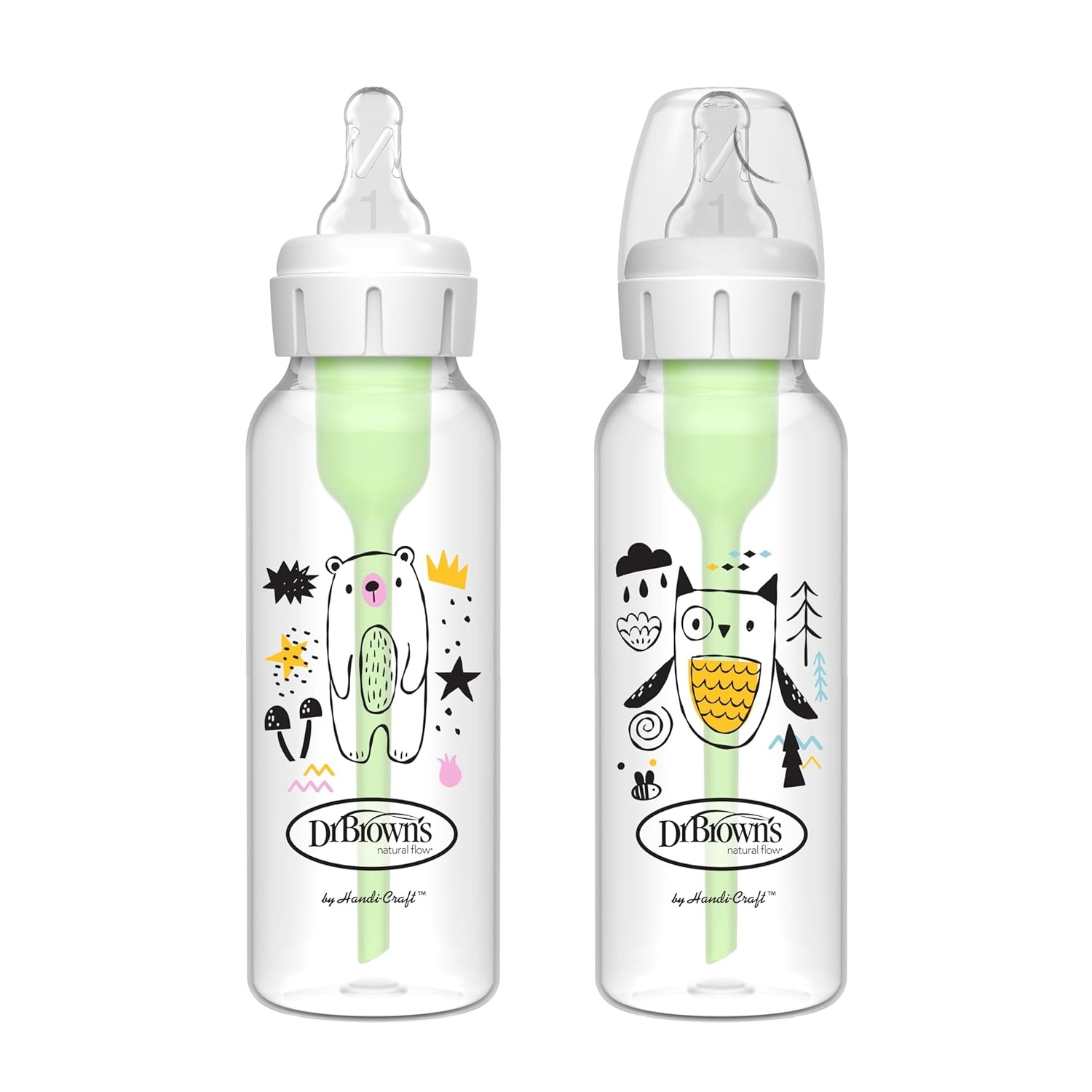 image:imageDr Browns AntiColic Options WideNeck 9 oz and Narrow 8 oz Baby Bottles 2Packs Level 1 Nipples Ocean Decos and BearOwl Prints