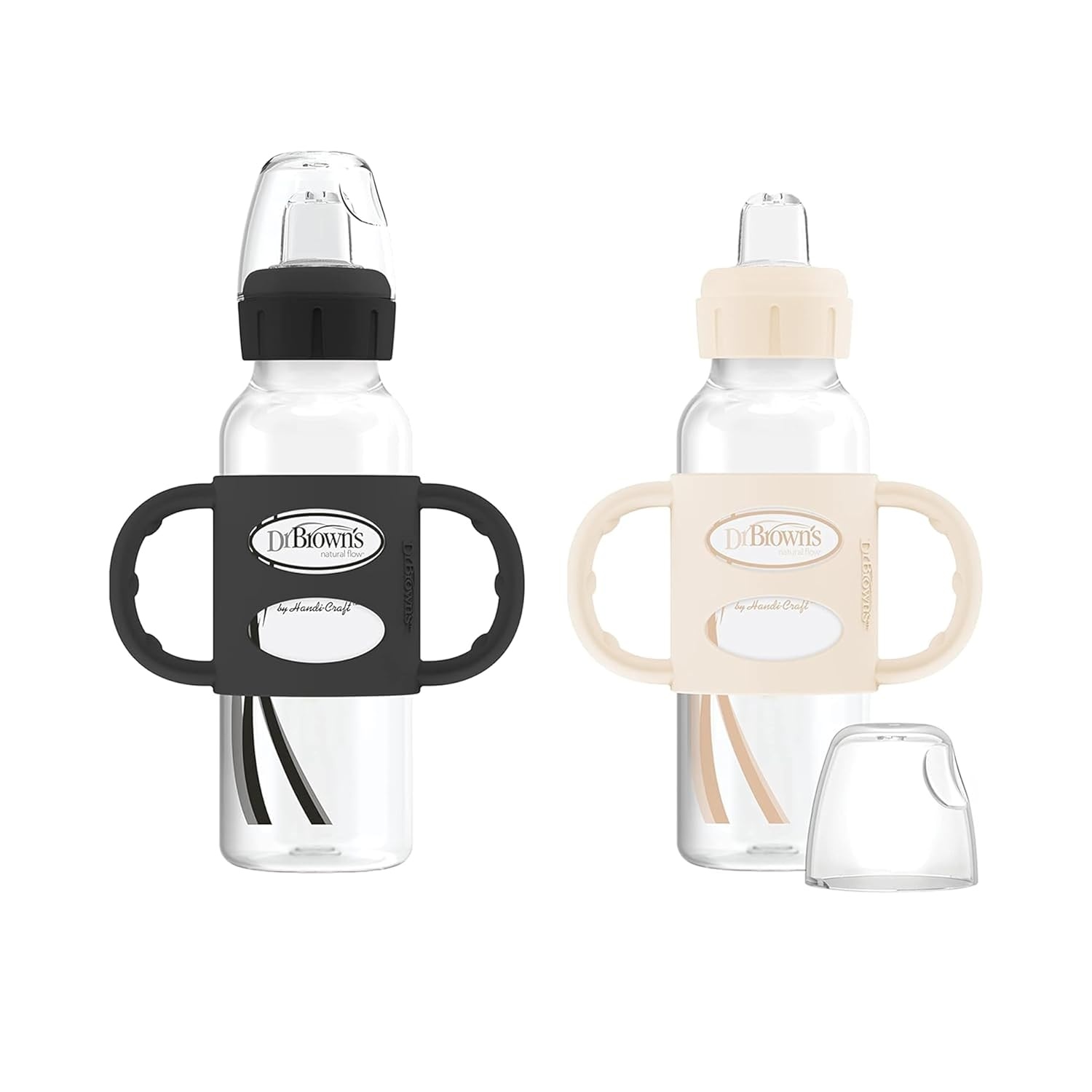 image:imageDr Browns Milestones Narrow Sippy Bottle with Handles EasyGrip Handles with Soft Sippy Spout 8oz Black amp Ecru 2 Count with Options WideNeck Sippy Spout 2 Count