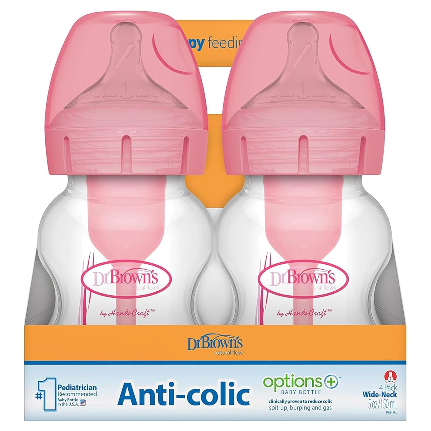 image:imageDr Browns Natural Flow AntiColic Options WideNeck Baby Bottles 5 oz150 mL with Level 1 Slow Flow Nipple 4 Count 0m Pack of 64Pack 9oz Clear