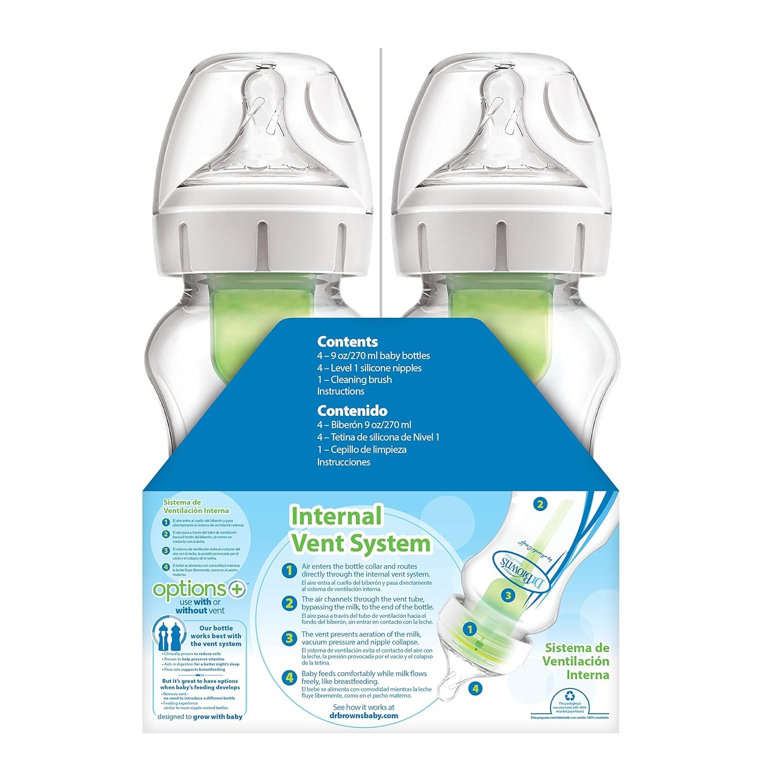 image:imageDr Browns Natural Flow AntiColic Options WideNeck Baby Bottles 5 oz150 mL with Level 1 Slow Flow Nipple 4 Count 0m Pack of 66Pack 9oz Clear