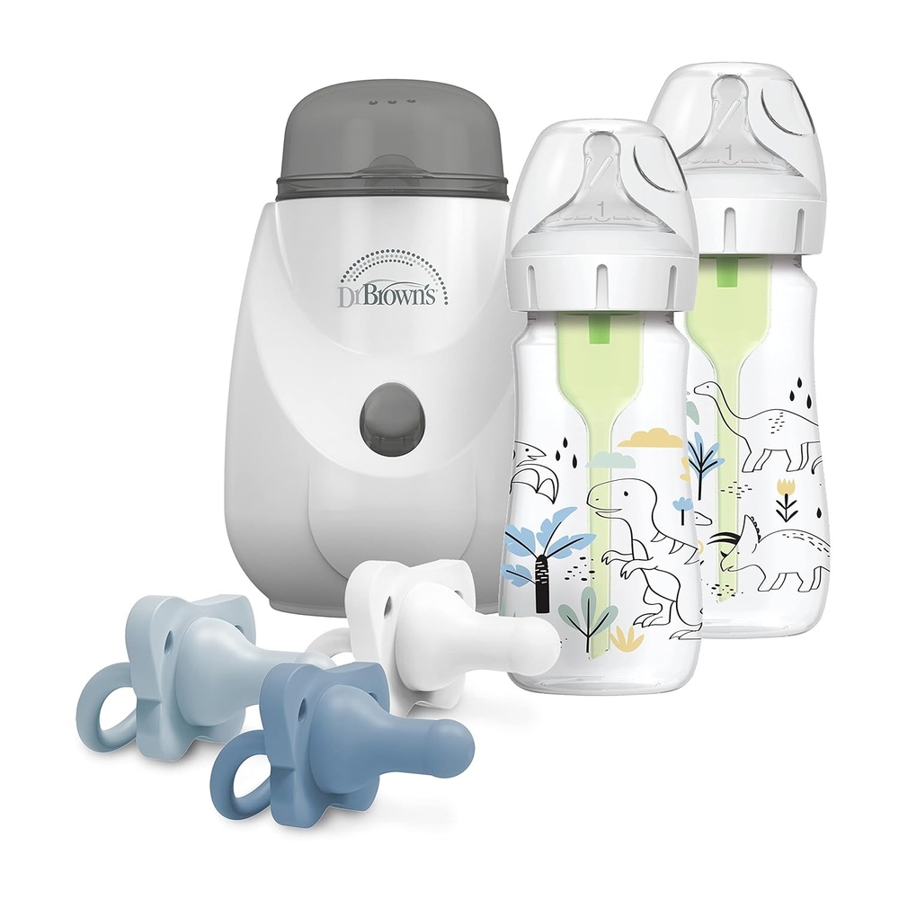 image:imageDr Browns AntiColic Options WideNeck Baby Bottles 9 oz Dinosaur Level 1 Nipple 2Pack 0m with InstaFeed Bottle Warmer and Sterilizer and HappyPaci Pacifier Blue 3PackDinosaur with Blue Pacifiers