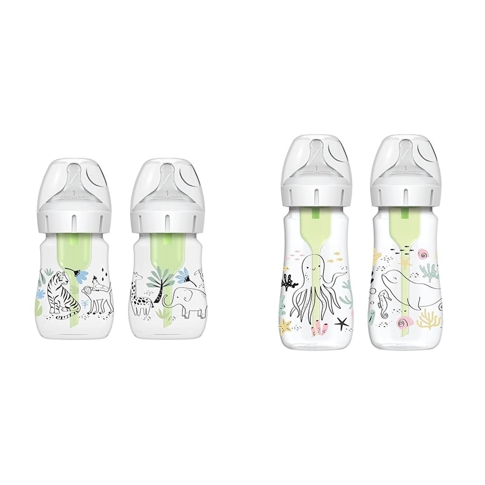 image:imageDr Browns AntiColic Options WideNeck Baby Bottles Jungle and Ocean Decos 5 oz 9 oz Level 1 Nipple 2Packs 0m