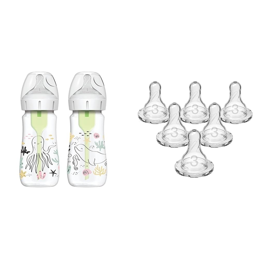 image:imageDr Browns AntiColic Options WideNeck Baby Bottles Ocean Decos 9 oz Level 1 Nipple 2Pack Level 3 Narrow Nipple 6Pack