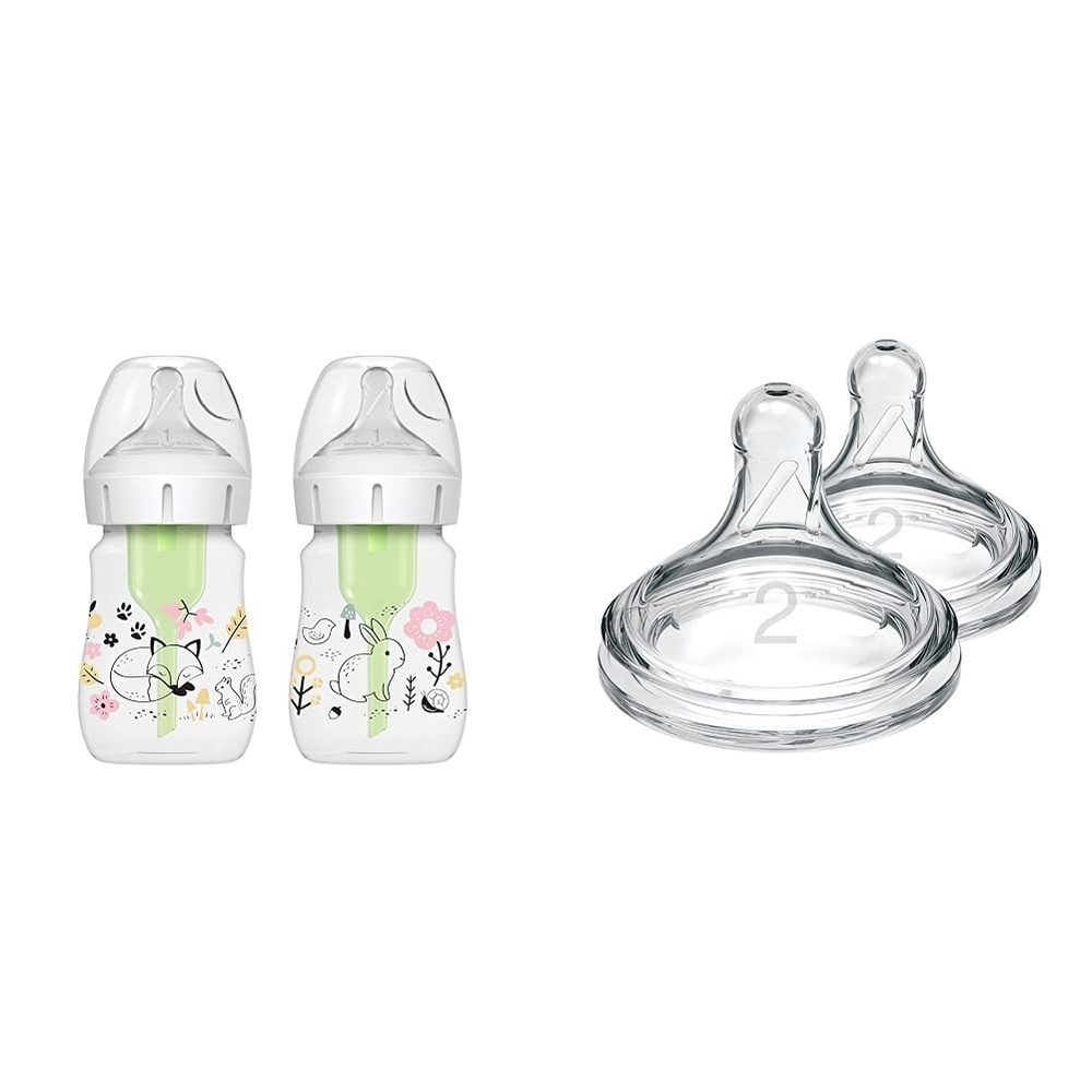 image:imageDr Browns AntiColic Options WideNeck Baby Bottles Woodland Decos 5 oz Level 1 Nipple 2Pack and Level 2 Nipple 2Pack