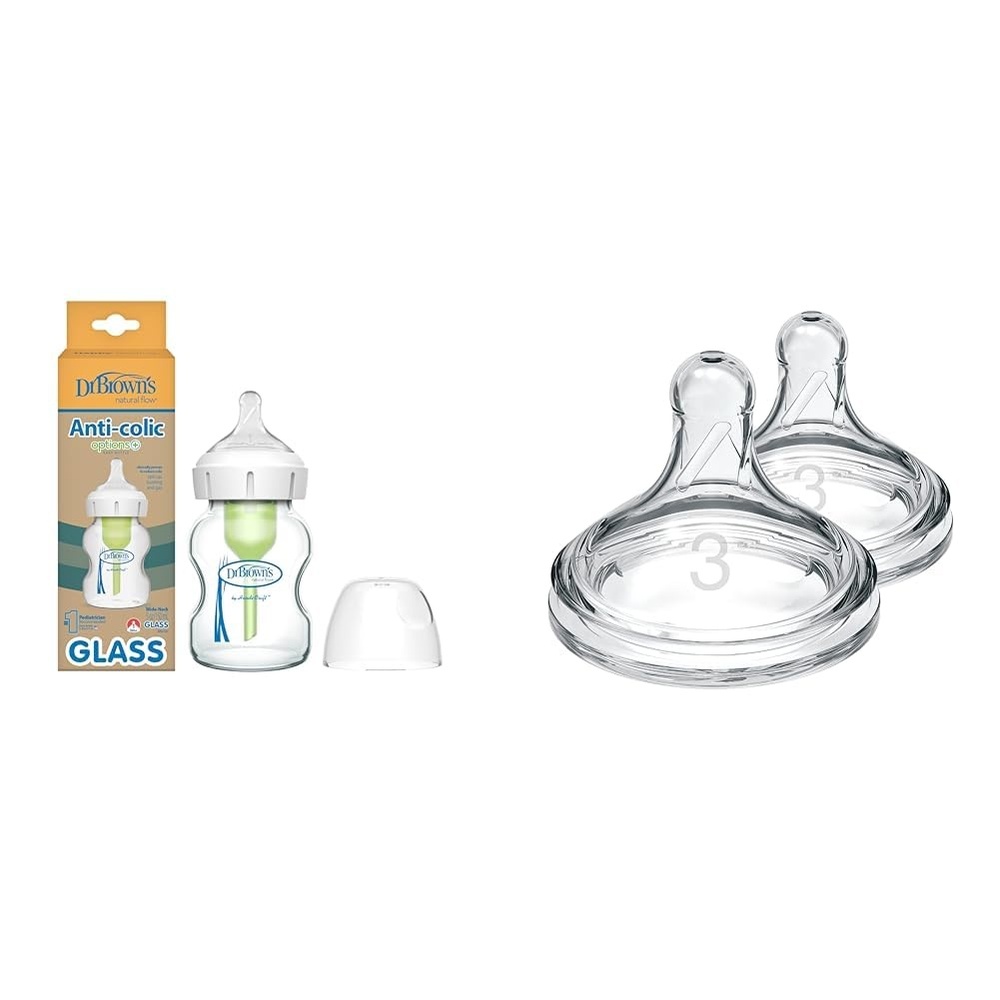 image:imageDr Browns AntiColic Options WideNeck Glass Baby Bottle 5 oz Level 1 Slow Flow Nipple with Level 3 MediumFast Flow Nipples 2 Pack