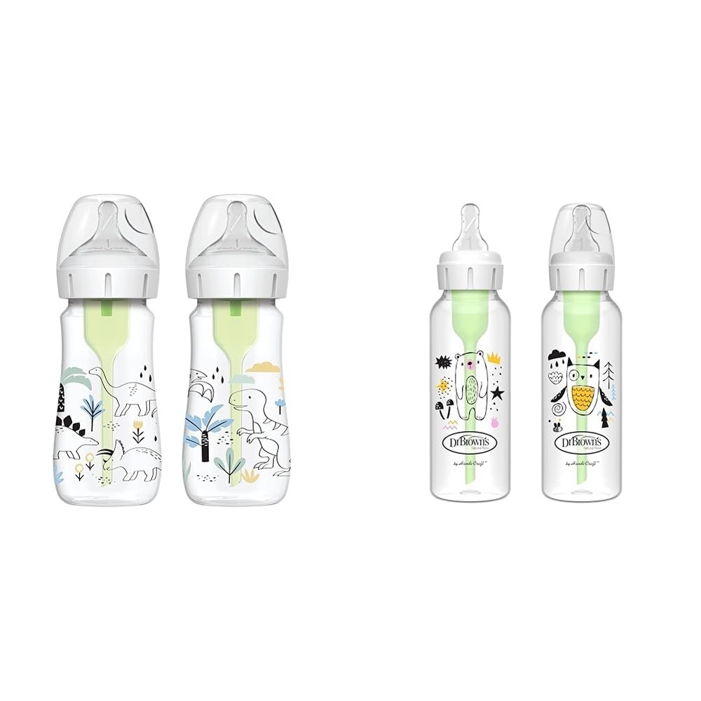 image:imageDr Browns AntiColic Options WideNeck and Narrow Baby Bottles 9oz 8oz Level 1 Nipples Dino Decos with Bear and Owl Prints 2Pack and 2Pack 0m