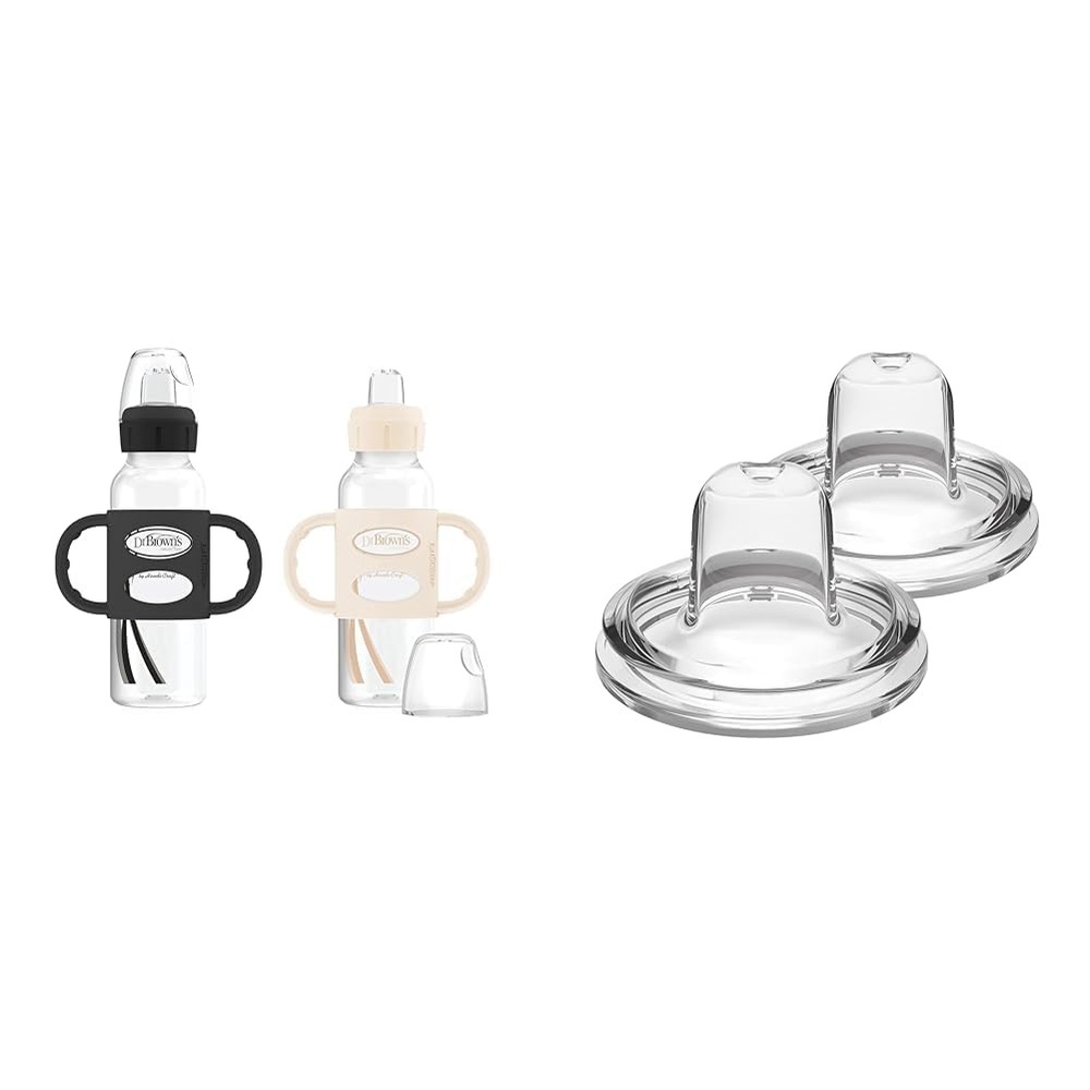 image:imageDr Browns Milestones Narrow Sippy Bottle with Handles EasyGrip Handles with Soft Sippy Spout 8oz Black amp Ecru 2 Count with Options WideNeck Sippy Spout 2 Count