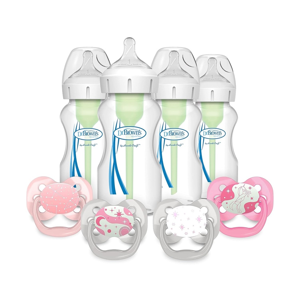 image:imageDr Browns Natural Flow AntiColic Options WideNeck Baby Bottle 9 oz270 mL Level 1 Nipple 4Pack 0m with Advantage Symmetrical Pacifier with Air Flow Pink 4Pack 06m
