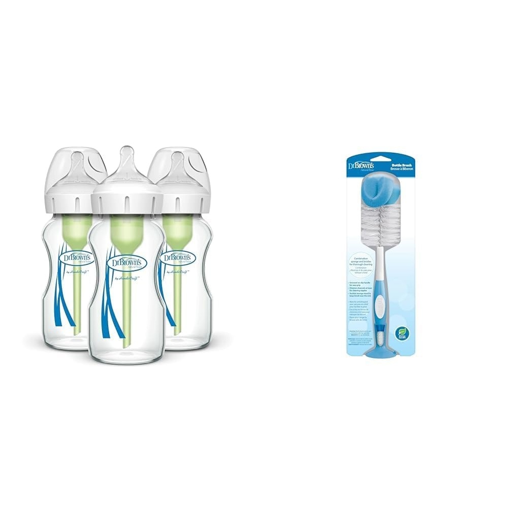 image:imageDr Browns Natural Flow AntiColic Options WideNeck Glass Baby Bottles 9 oz270 mL amp Reusable Sponge Baby Bottle Cleaning Brush with Suction Cup Stand Scrubber and Nipple Cleaner Blue 1Pack