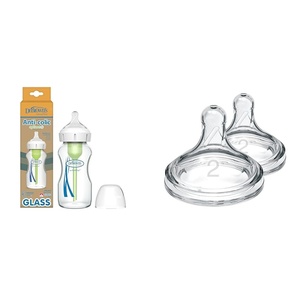image:imageDr Browns AntiColic Options WideNeck Glass Baby Bottle 9 oz with Level 1 Slow Flow Nipple amp Level 2 Medium Flow Silicone Nipples 2 Count