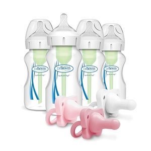 image:imageDr Browns Natural Flow AntiColic Options WideNeck Baby Bottle 9 oz270 mL Level 1 Nipple 4Pack 0m with HappyPaci 100 Silicone Pacifier 06m BPA Free White Pink Light Pink 3 Pack