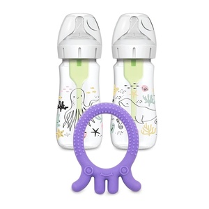 image:imageDr Browns Natural Flow AntiColic Options WideNeck Baby Bottle Ocean Design 9 oz270 mL Level 1 Nipple 2Pack 0m with Flexees Friends Silicone Teether Purple Octopus