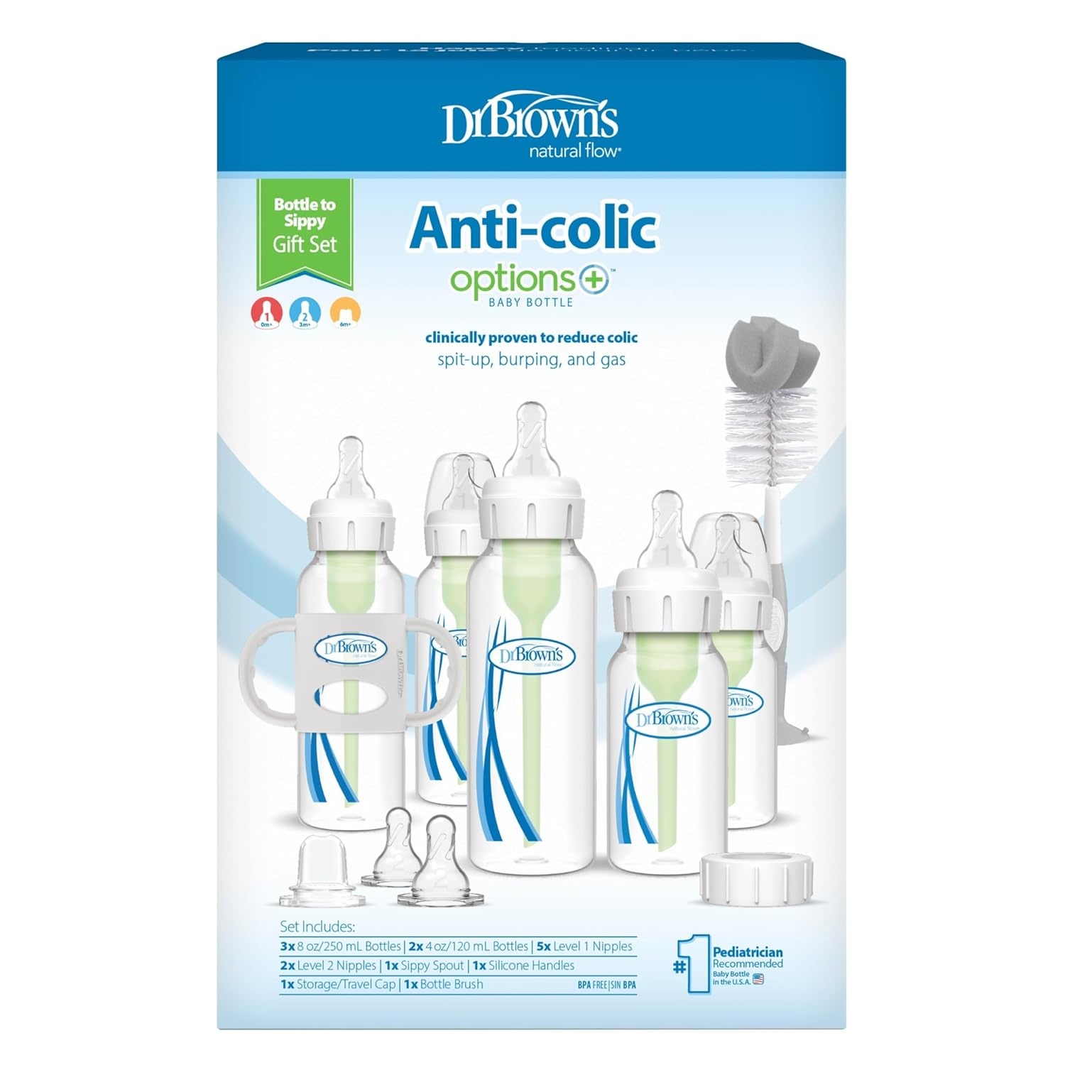image:imageDr Browns AntiColic Options Special Edition Pink Baby Bottle Gift Set with Sippy Spout Cup Happy Paci Pacifier Teether Bottle Brush and Travel Caps PacifierTeether Style May VaryBottletoSippy Gray