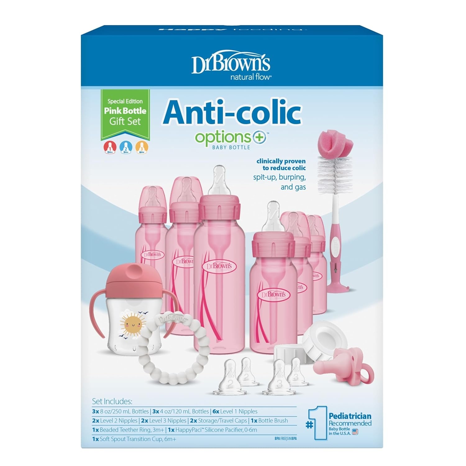 image:imageDr Browns AntiColic Options Special Edition Pink Baby Bottle Gift Set with Sippy Spout Cup Happy Paci Pacifier Teether Bottle Brush and Travel Caps PacifierTeether Style May VarySpecial Edition Pink