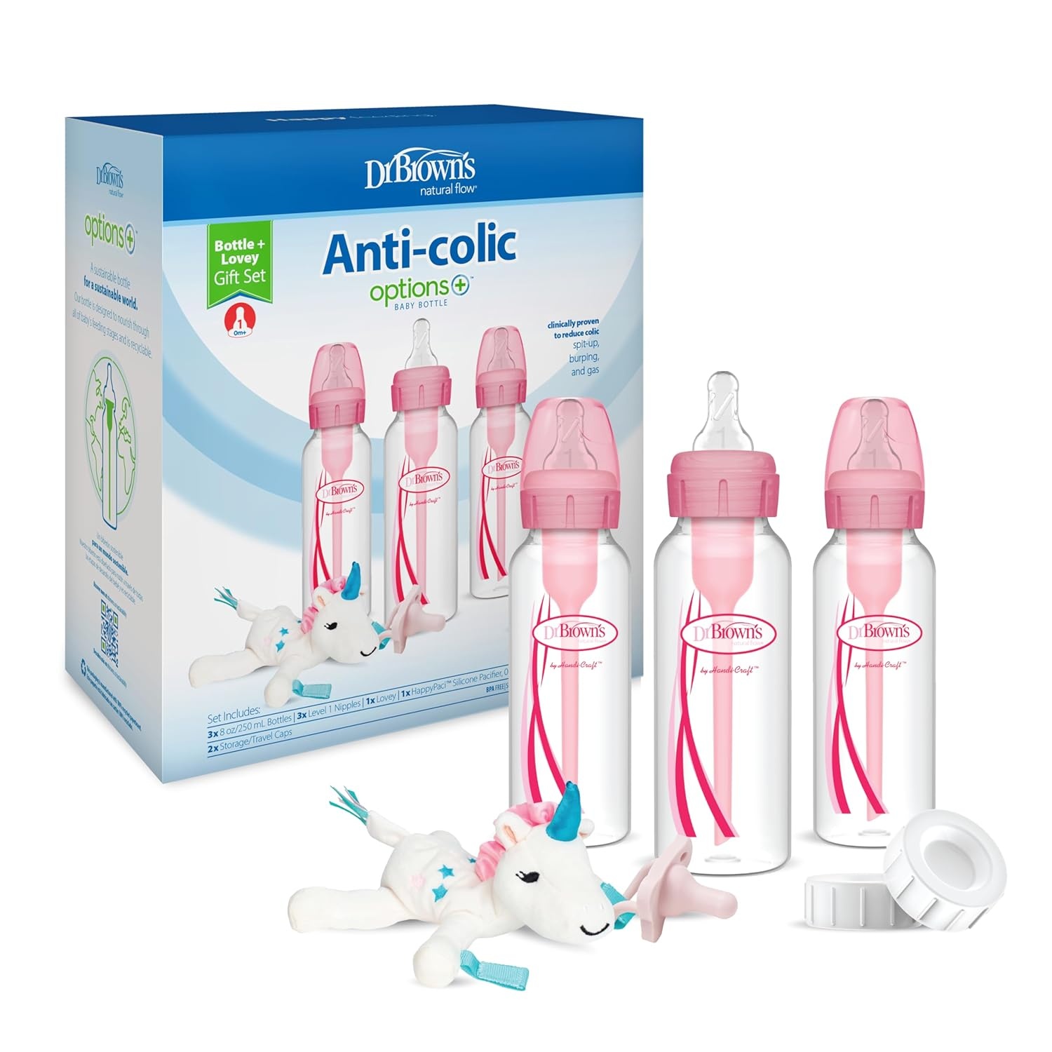image:imageDr Browns Natural Flow AntiColic OptionsNarrow 8oz250mL Baby Bottle Lovey Gift Set with Level 1 Slow Flow Nipples Pink8 oz Clear with Lovey Unicorn