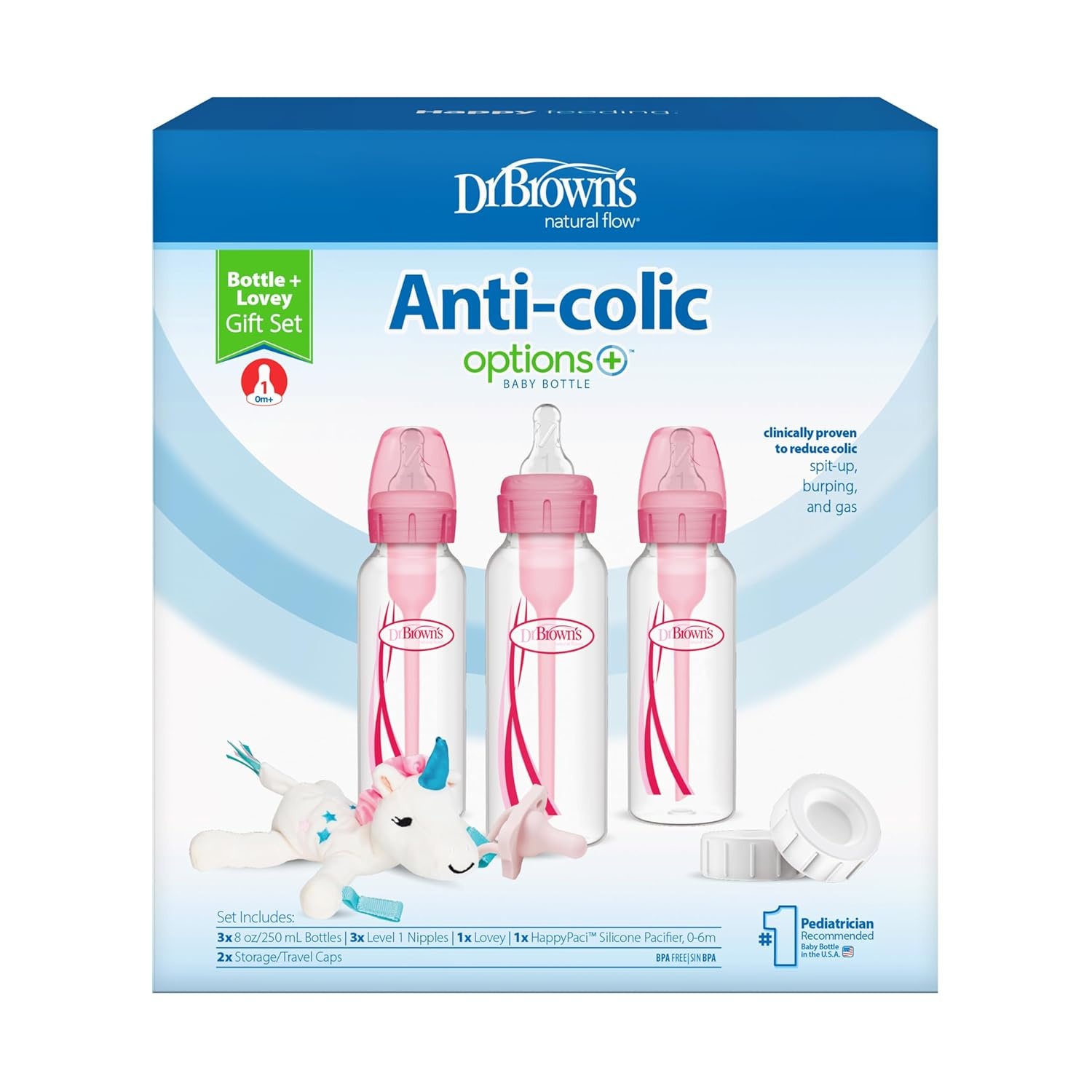 image:imageDr Browns Natural Flow AntiColic OptionsNarrow 8oz250mL Baby Bottle Lovey Gift Set with Level 1 Slow Flow Nipples Pink8 oz Clear with Lovey Unicorn