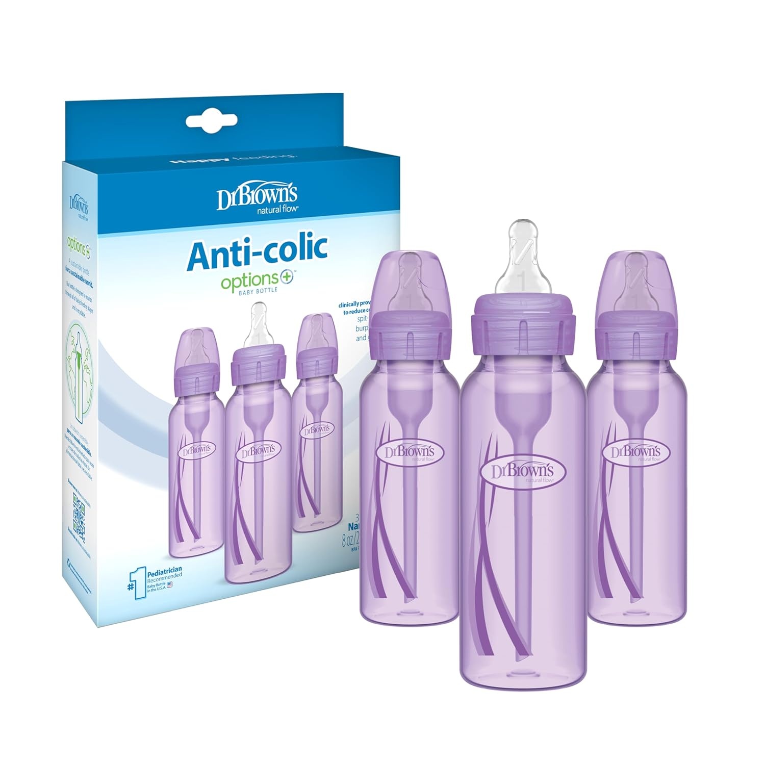 image:imageDr Browns Natural Flow AntiColic OptionsNarrow 8oz250mL Baby Bottle Lovey Gift Set with Level 1 Slow Flow Nipples Pink8 oz Lavender