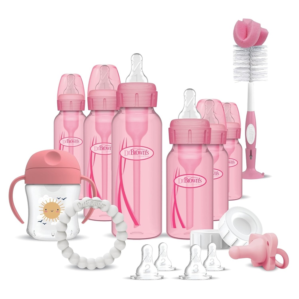 image:imageDr Browns AntiColic Options Special Edition Pink Baby Bottle Gift Set with Sippy Spout Cup Happy Paci Pacifier Teether Bottle Brush and Travel Caps PacifierTeether Style May VarySpecial Edition Pink
