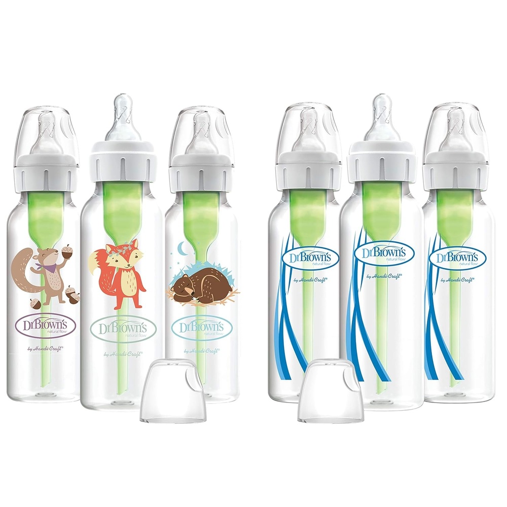 image:imageDr Browns Natural Flow AntiColic OptionsNarrow 8oz250mL Baby Bottle Lovey Gift Set with Level 1 Slow Flow Nipples PinkWoodland Animals