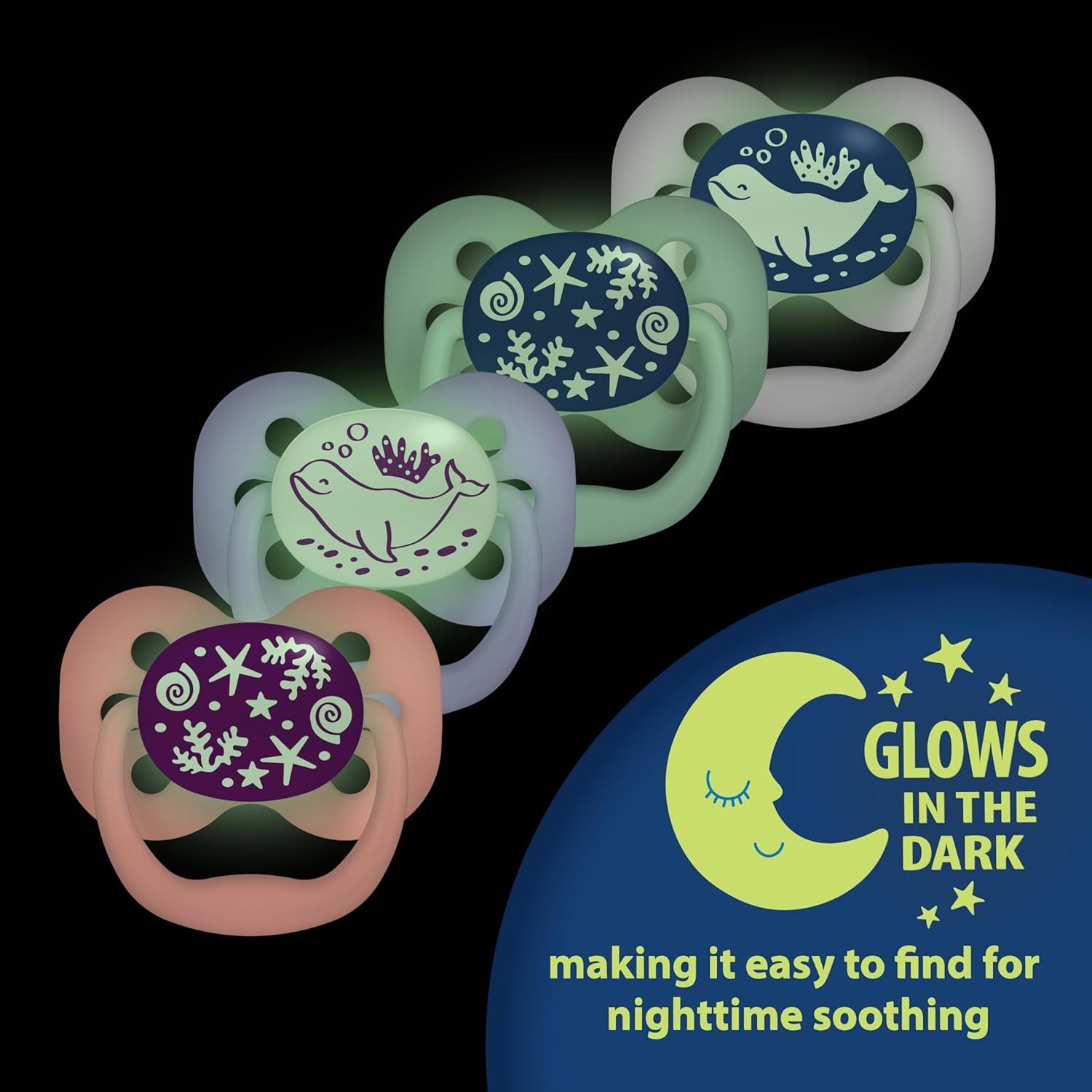 image:imageDr Browns Advantage GlowinTheDark Baby Pacifier Fully Symmetrical Soother with Soft Silicone Bulb Coral Ocean 06m BPA Free 2 Pack