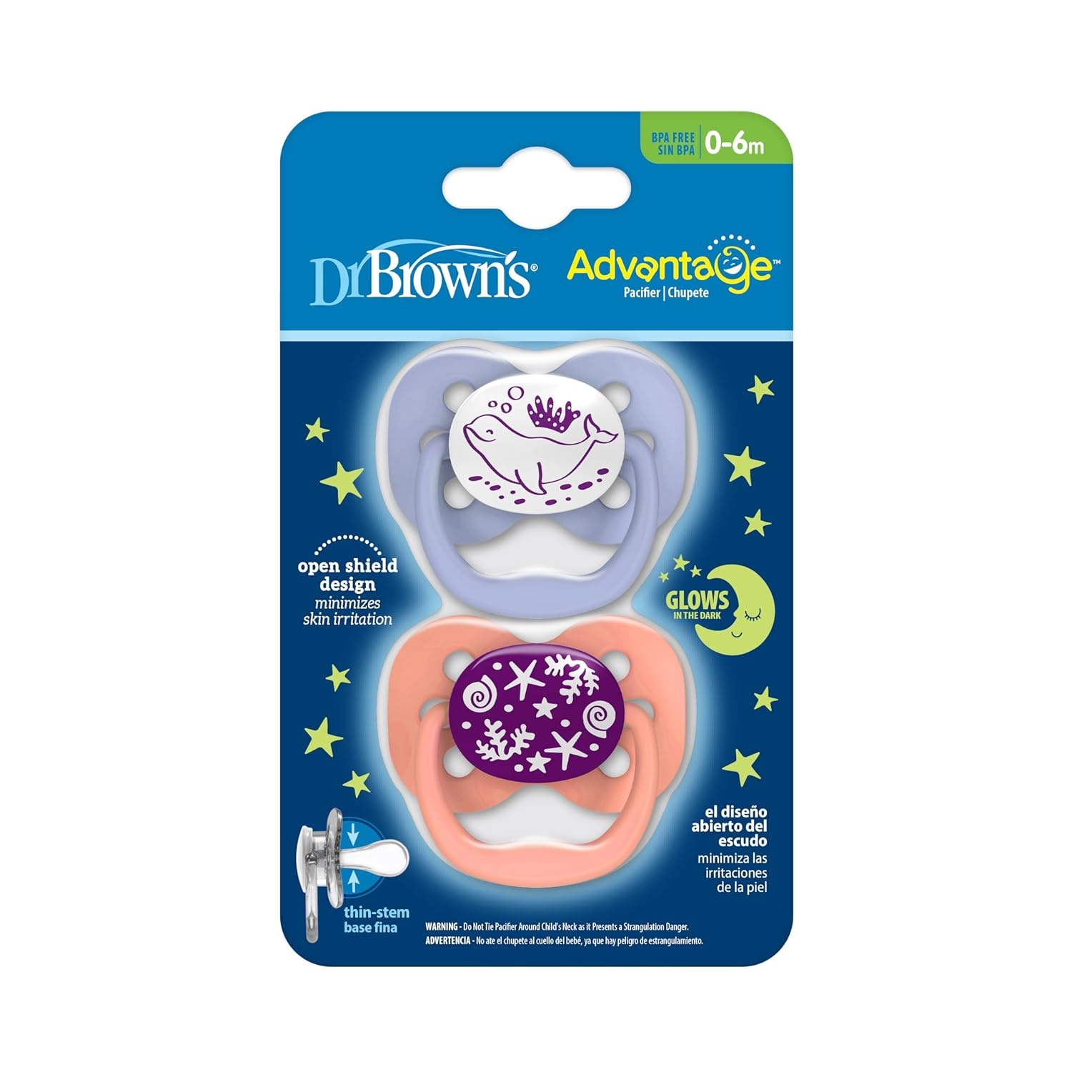 image:imageDr Browns Advantage GlowinTheDark Baby Pacifier Fully Symmetrical Soother with Soft Silicone Bulb Coral Ocean 06m BPA Free 2 Pack