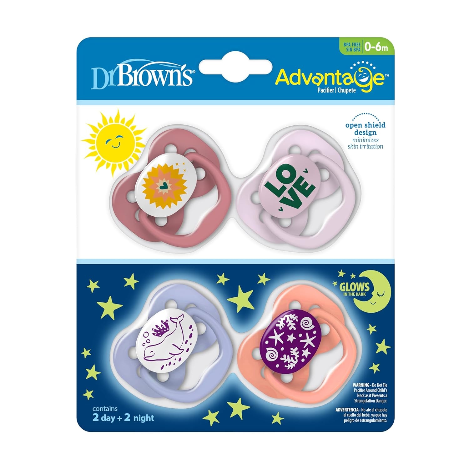 image:imageDr Browns Advantage GlowinTheDark Baby Pacifier Fully Symmetrical Soother with Soft Silicone Bulb Lavender LoveCoral Ocean 06m BPA Free 4 Pack