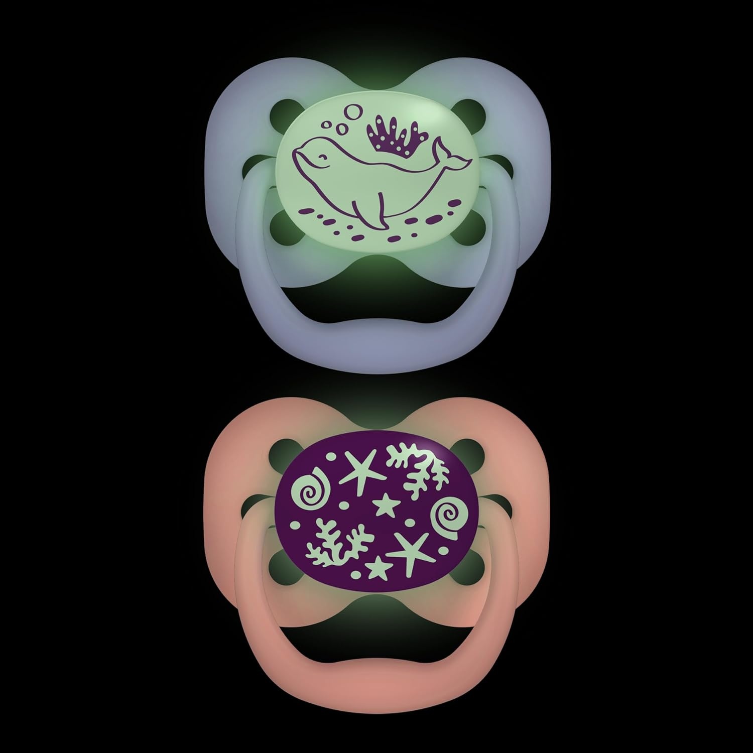 image:imageDr Browns Advantage GlowinTheDark Baby Pacifier Fully Symmetrical Soother with Soft Silicone Bulb Lavender LoveCoral Ocean 06m BPA Free 4 Pack